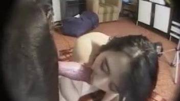 Dark-haired chick offers her slit to a sexy dog