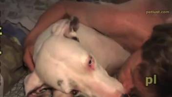 Pale female pup loves twisted animal sex in the bedroom