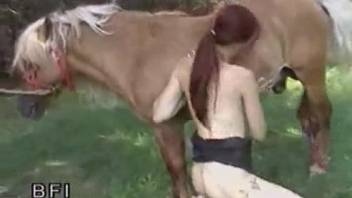 Redhead with pink top sucking a horse's cock