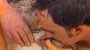 Guy licks beast's vagina and shoves a large dildo into it
