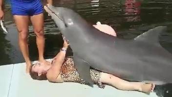 Mature feels dolphins dick over her fat pussy and ass