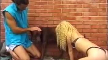 Curly-haired tramp blowing this mutt's thick shaft on camera