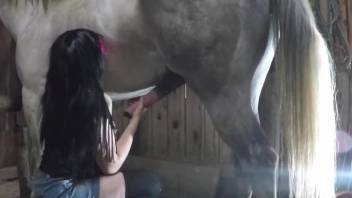 Beauty in a slutty outfit enjoying hardcore sex with a horse