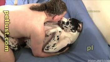 Chubby husband penetrates his adorable Dalmatian in the missionary position