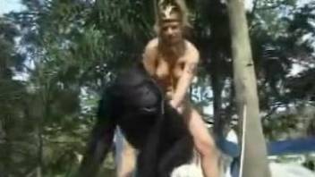 Blonde masturbating in front of a horny monkey on cam