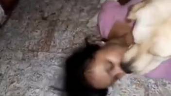 Horny mature woman tongued and banged by her fluffy canine