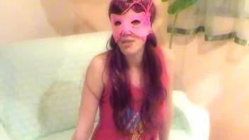 Pink mask and stockings brunette fucking a dog